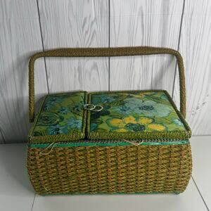 1970s Singer Sewing Basket Wicker Floral Avocado Green MCM Lined Made in Japan